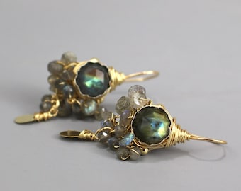 Labradorite Goddess Earrings, Labradorite Cluster Earrings, Gemstone Jewelry, Statement Earrings, Gold Wire Wrap Earrings, Unique Earrings