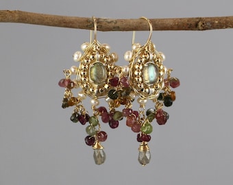 Unique Women's Oversized Earrings Bridal Gemstone Gold Filled Earrings XL Earrings