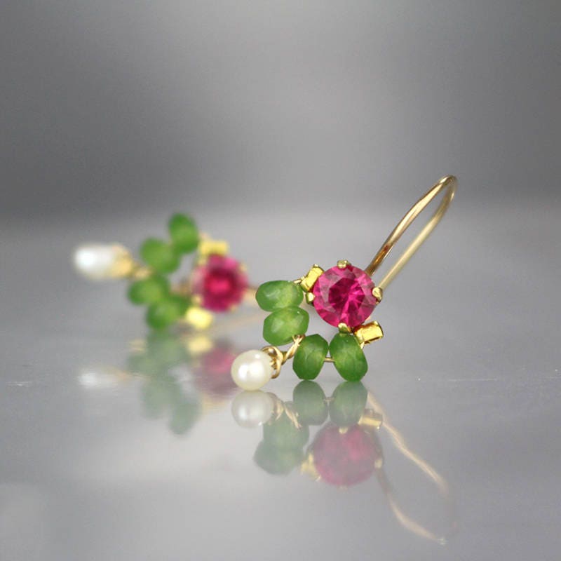 Delicate Gemstone Earrings Pink Green Earrings Gold Filled Etsy