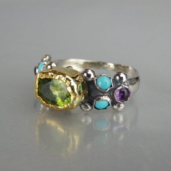 Vintage Style Peridot Turquoise Engagement Ring 24K Gold and Etsy