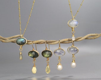 Statement Edelstein Kette und Ohrringe Set, Amethyst Labradorit Mondstein