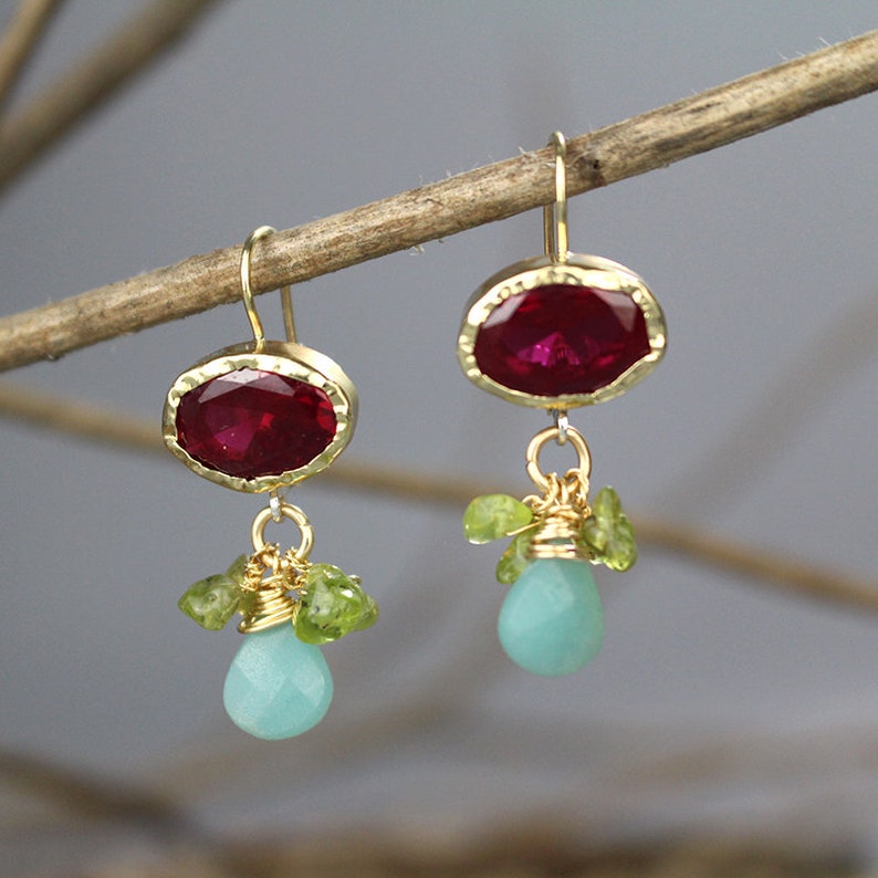 Solid Gold Earrings, Boho Earrings, Gemstone Earrings, Peridot CZ Earrings, 9K Solid Gold Eye Earrings, Bohemian Jewelry, Pink Green image 2