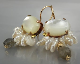 Bridal Pearl Earrings, Shell Pearl Labradrite Large Bee Earrings, Unique Pearl Earrings, Bezel Set, Wedding Jewelry, Feminine Earrings