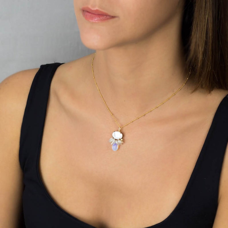 Mother of Pearl Gold Filled Big Bee Necklace, Birthstone Necklace, Gemstone Bridal Necklace, Gift for Women image 1