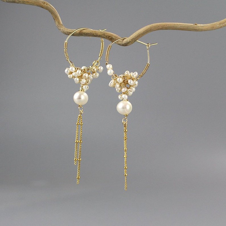 Pearl and Gold Filled Cluster Earrings, Romantic Gift, Pearl Jewelry, Dangle Hoop Earrings, Unique Pearl Hoops, Spring Weddings image 1