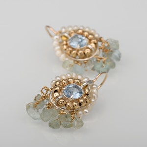 Blue Cubic Zirconia Aquamarine Cherkes Earrings, Mother of the Bride Earrings, Statement Earrings, Unique Jewelry, Big Earrings