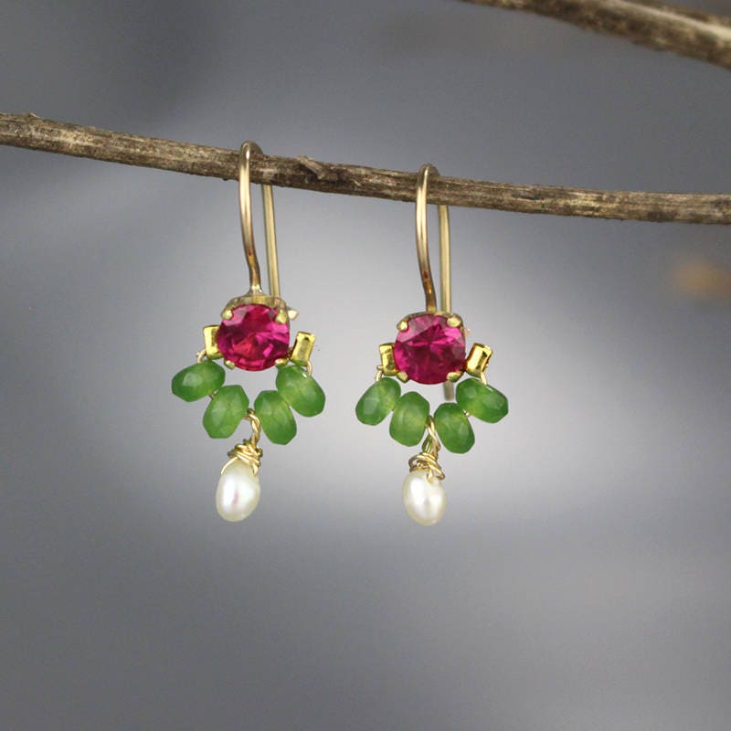 Delicate Gemstone Earrings Pink Green Earrings Gold Filled Etsy
