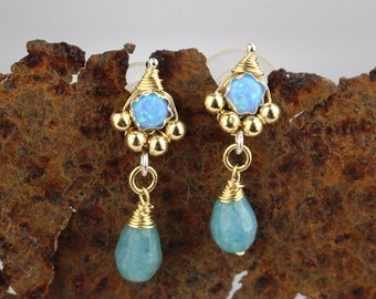 Gold Opal Earrings, Blue Earrings, Christmas Gift, Wedding Stud Earrings, Dainty Earrings, October Birthstone, Opal Birthstone Earrings