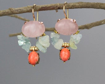 Colorful Boho Wedding Earrings, Delicate Earrings, Rose Quartz Aquamarine Butterfly Earrings, March Birthstone, Bridesmaid Earrings, Gifts
