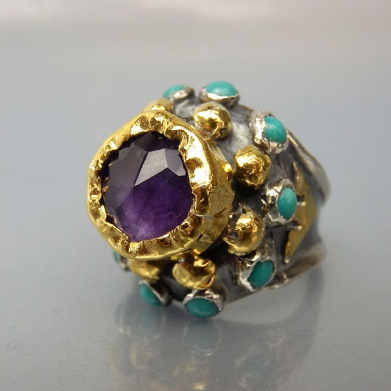 Amethyst Engagement Ring, Amethyst Nefertiti Ring in 22K gold and Silver Band, Antique Style Ring, Amethyst Queen Ring, Turquoise Gemstone image 1