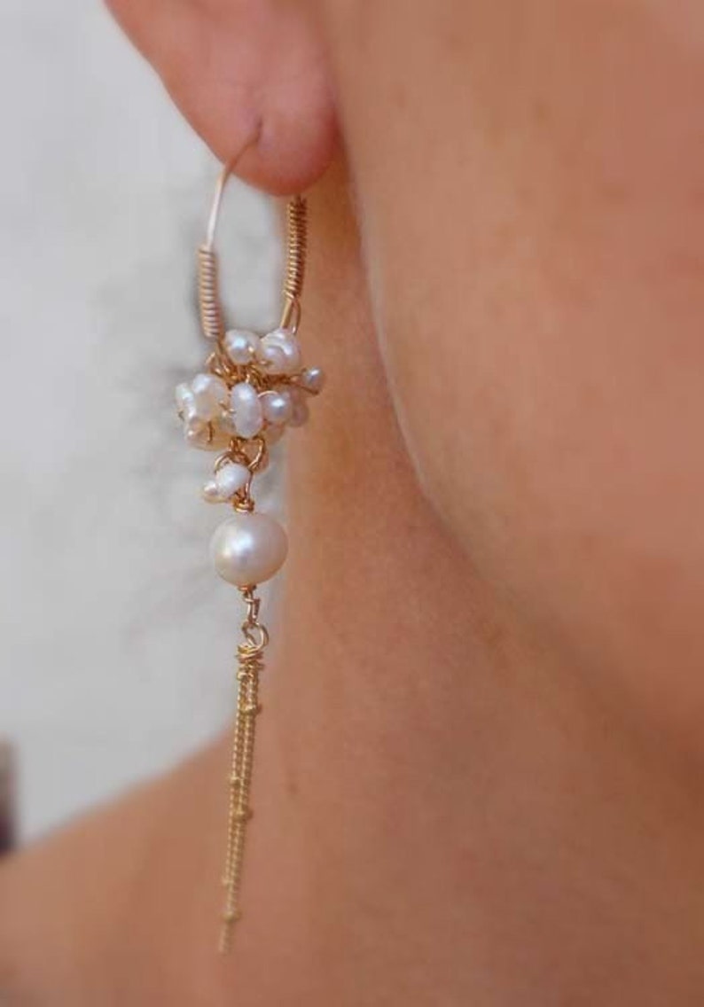 Pearl and Gold Filled Cluster Earrings, Romantic Gift, Pearl Jewelry, Dangle Hoop Earrings, Unique Pearl Hoops, Spring Weddings image 4