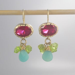 Solid Gold Earrings, Boho Earrings, Gemstone Earrings, Peridot CZ Earrings, 9K Solid Gold Eye Earrings, Bohemian Jewelry, Pink Green image 6