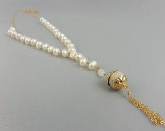 Hand Crafted Pearl Long Lava Necklace in 14K Gold Filled, Boho Chick Necklace, Freshwater Pearl Necklace, Unique Wedding Necklace