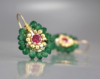 Small Mandala Earrings, Synthetic Ruby Zircon Aventurine Earrings, Women's Jewelry, Spring Wedding Earrings, Bridesmaid Gift, Gift Ideas