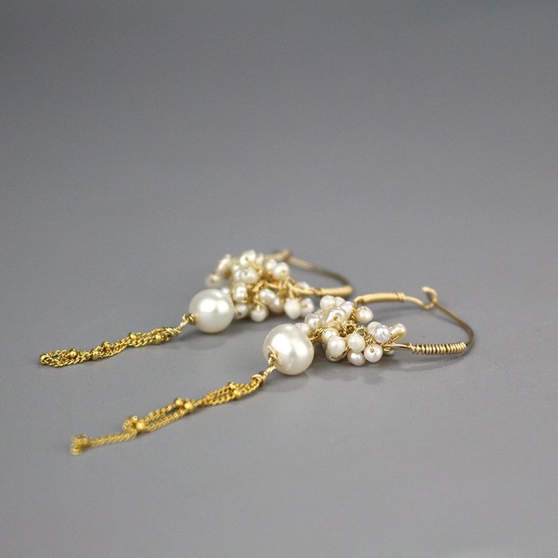 Pearl and Gold Filled Cluster Earrings, Romantic Gift, Pearl Jewelry, Dangle Hoop Earrings, Unique Pearl Hoops, Spring Weddings image 2