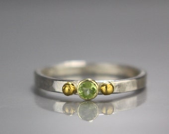 Peridot Sterling Silver and Gold Hammered Delicate Stacking Ring Size 9 10 11 12