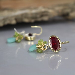 Solid Gold Earrings, Boho Earrings, Gemstone Earrings, Peridot CZ Earrings, 9K Solid Gold Eye Earrings, Bohemian Jewelry, Pink Green image 4