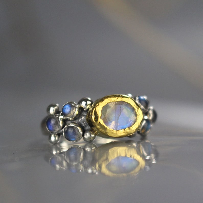 Unique Engagement Ring Set with Natural Moonstone and Labradorite Gemstone Wedding Ring Moonstone Ring Engagement Ring image 2