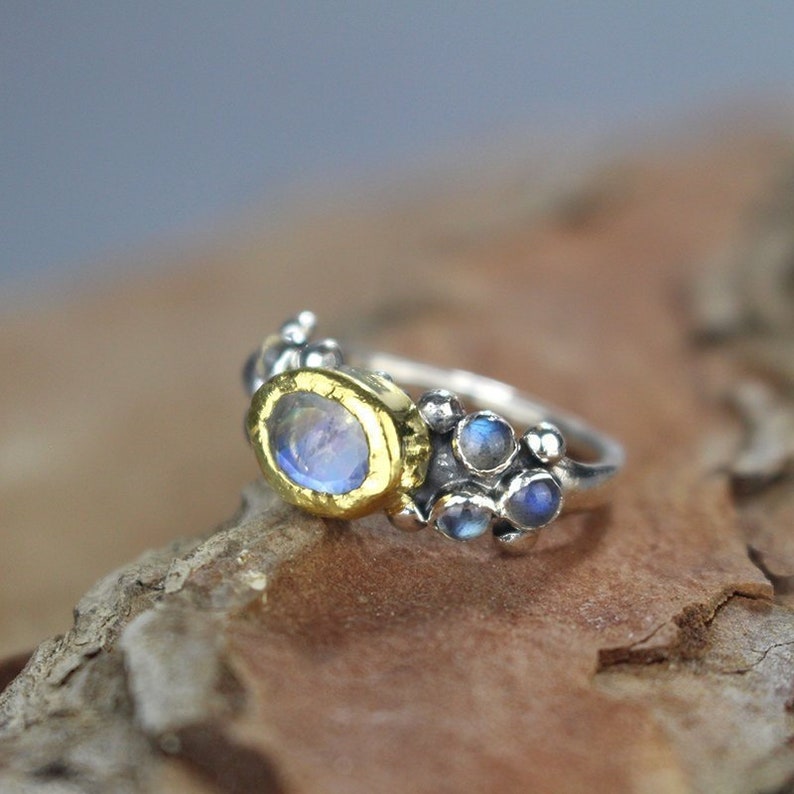 Unique Engagement Ring Set with Natural Moonstone and Labradorite Gemstone Wedding Ring Moonstone Ring Engagement Ring image 1