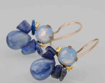 Blue Swarovski Bee Earrings, Swarovski Jewelry, Dangle Bee Earrings in Copper and Gold Filled, Two Tone Earrings