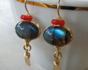 Labradorite Earrings, Labradorite Coral Crown Earrings, Gemstone Earrings, Gold Filled Jewelry, Anniversary Gift, Bohemian Jewelry