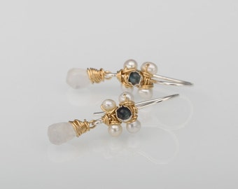 Gold Filled Labradorite Pearl Delicate Dangle Jasmine Flower Earrings Unique Gift