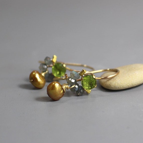 Unique Peridot Earrings, Green Earrings, Gold Filled Earrings, Petite Earrings, Labradorite Earrings, Drop Earrings, Golden Pearl