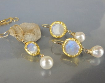 Moonstone Wedding Set, Bridal Wedding Set, Moonstone Wedding, Bridal Jewelry Set, Pearl Jewelry, Bridal Party Gift, Solid Gold Set