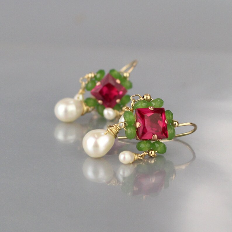 Victorian Inspired Earrings Pink Green Earrings Pearl Etsy