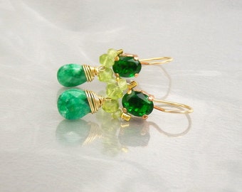 Green Angel Earrings, Dainty Earrings, Dangle Earrings, Stone Earrings, Wire Wrapped Earrings, Green Gemstone Earrings, Gift for Women
