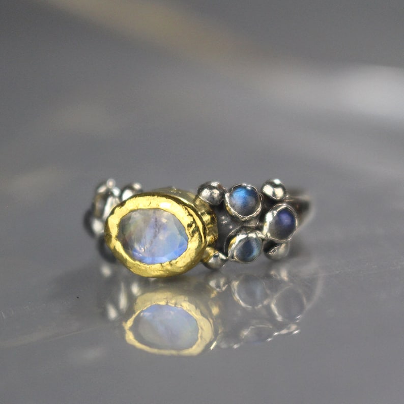 Unique Engagement Ring Set with Natural Moonstone and Labradorite Gemstone Wedding Ring Moonstone Ring Engagement Ring image 4