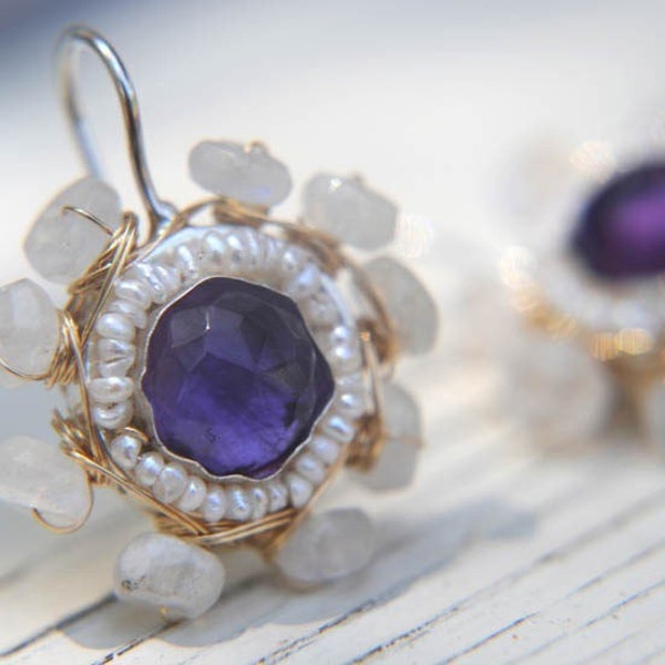 Purple Amethyst Earrings, Amethyst Jewelry, Round Earrings, Amethyst Pearl Mandala Earrings, Moonstone Jewelry, February Birthstone