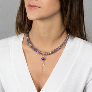 Amethyst Gemstones Necklace with Labradorite, Pearls and Shells, February Birthstone, Stones Necklace, Purple Jewelry, Amethyst Necklace