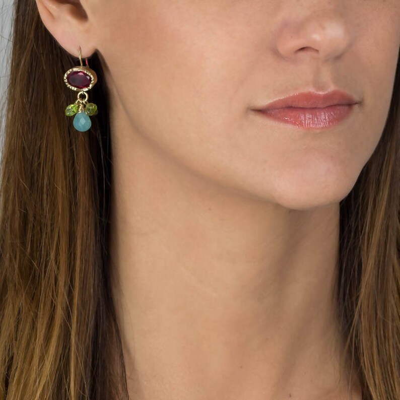 Solid Gold Earrings, Boho Earrings, Gemstone Earrings, Peridot CZ Earrings, 9K Solid Gold Eye Earrings, Bohemian Jewelry, Pink Green image 9