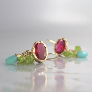 Solid Gold Earrings, Boho Earrings, Gemstone Earrings, Peridot CZ Earrings, 9K Solid Gold Eye Earrings, Bohemian Jewelry, Pink Green image 8