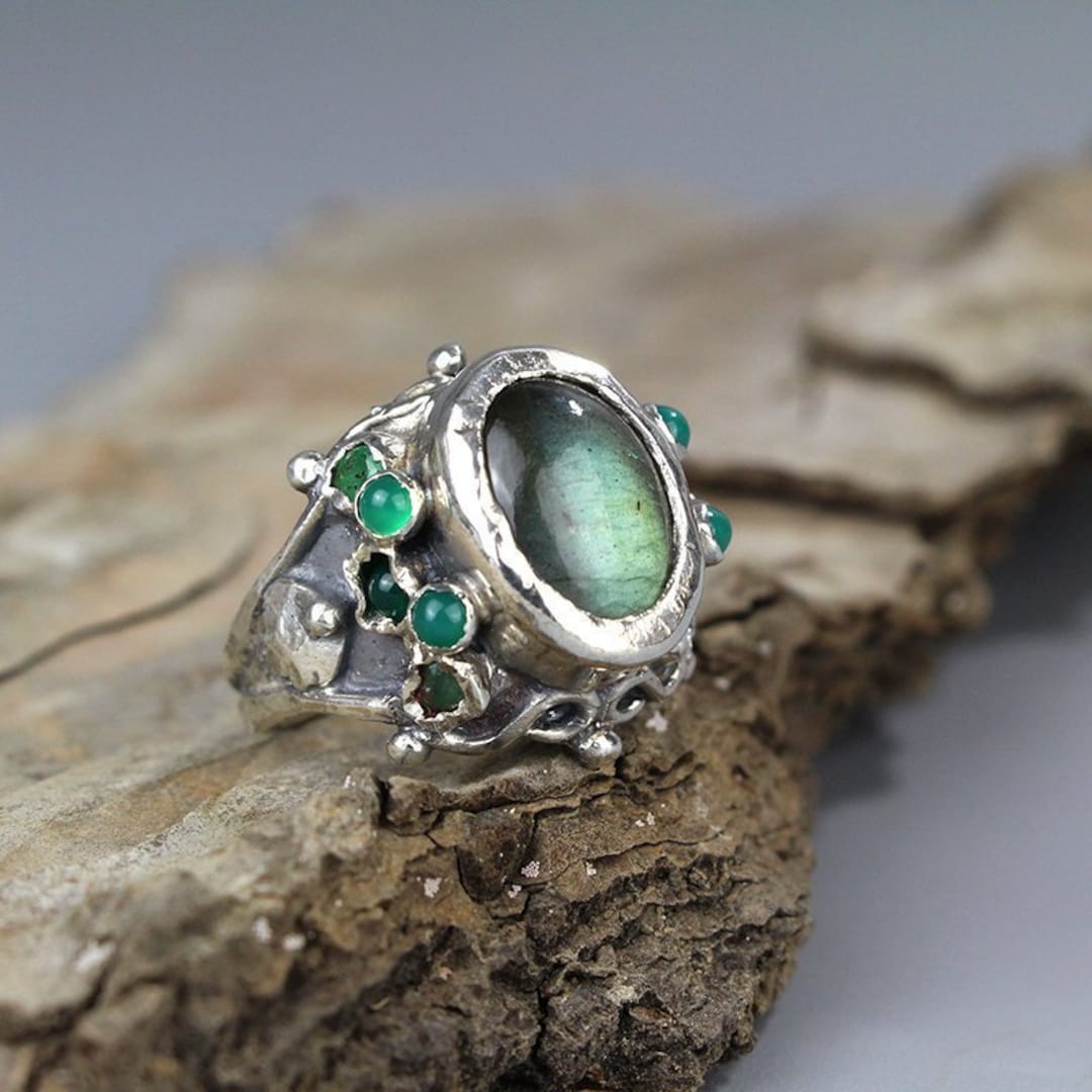 Statement Silver Labradorite Engagement Ring, Chunky Green Agate Ring ...
