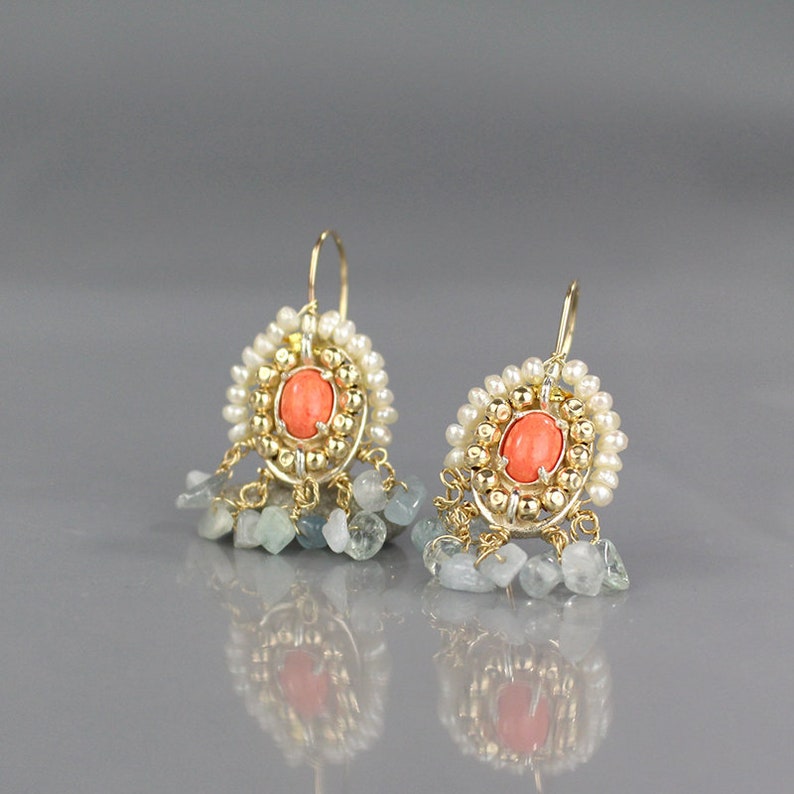 Coral Aquamarine and Pearls Cherkes Handmade Earrings, Mother of the Bride Earrings, Mother of the Groom Earrings, Bridal Earrings image 1