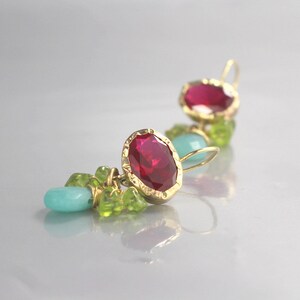 Solid Gold Earrings, Boho Earrings, Gemstone Earrings, Peridot CZ Earrings, 9K Solid Gold Eye Earrings, Bohemian Jewelry, Pink Green image 5