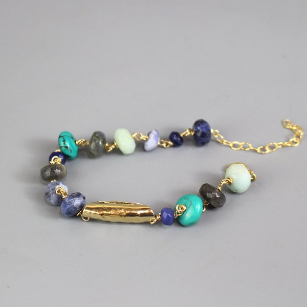 Blue Gemstone Bracelet, Layering Bracelet, Aquamarine Bracelet, Multi Stone Bracelet, Gold Filled Bracelet, Labradorite Chain Bracelet