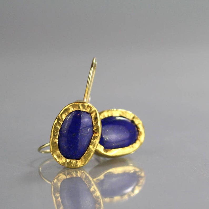 Blue Lapis 22K Solid Gold Bezel Set Earrings Oval Lapis | Etsy