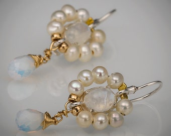 Moonstone Pearl Flower Earrings in Gold Filled, Bridesmaid Earrings, Bridal Jewelry, Women's Jewelry