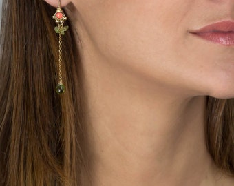 Coral Peridot Long Earrings, Peridot Earrings, Birthstone Peridot Earrings, Gemstone Earrings