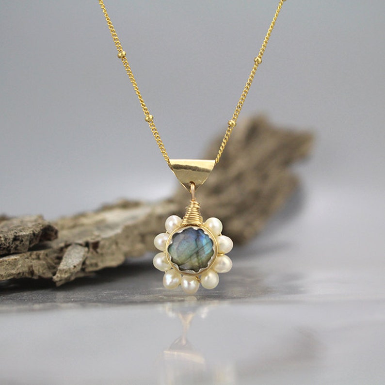 Boho Necklace, Labradorite Pearl Flower Necklace, Pearl Jewelry, June Birthstone, Boho Chic Necklace, Bohemian Necklace, Birthday Gift image 2