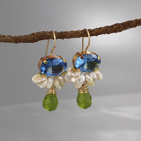 Big Angel Earrings, Spring Jewelry, Blue Earrings, Colorful Earrings, Gifts for Her, Bridal Cluster Earrings, Bohemian Jewelry, Boho Chic