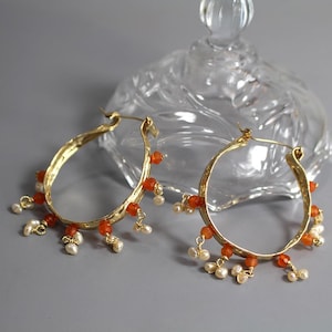 Extra Large Hoops, Hammered Hoop Earrings, Carnelian Hoop Earrings, Gemstone Hoop Earrings, XL Hoop Earrings, Unique Statement Hoop Earrings