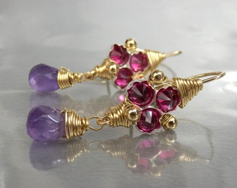 Gemstone Earrings, Dangle Earrings, Pink Cubic Zirconia Third Eye Earrings, Women's Gift, Wire Wrapped Earrings, Purple Pink, Drop Earrings