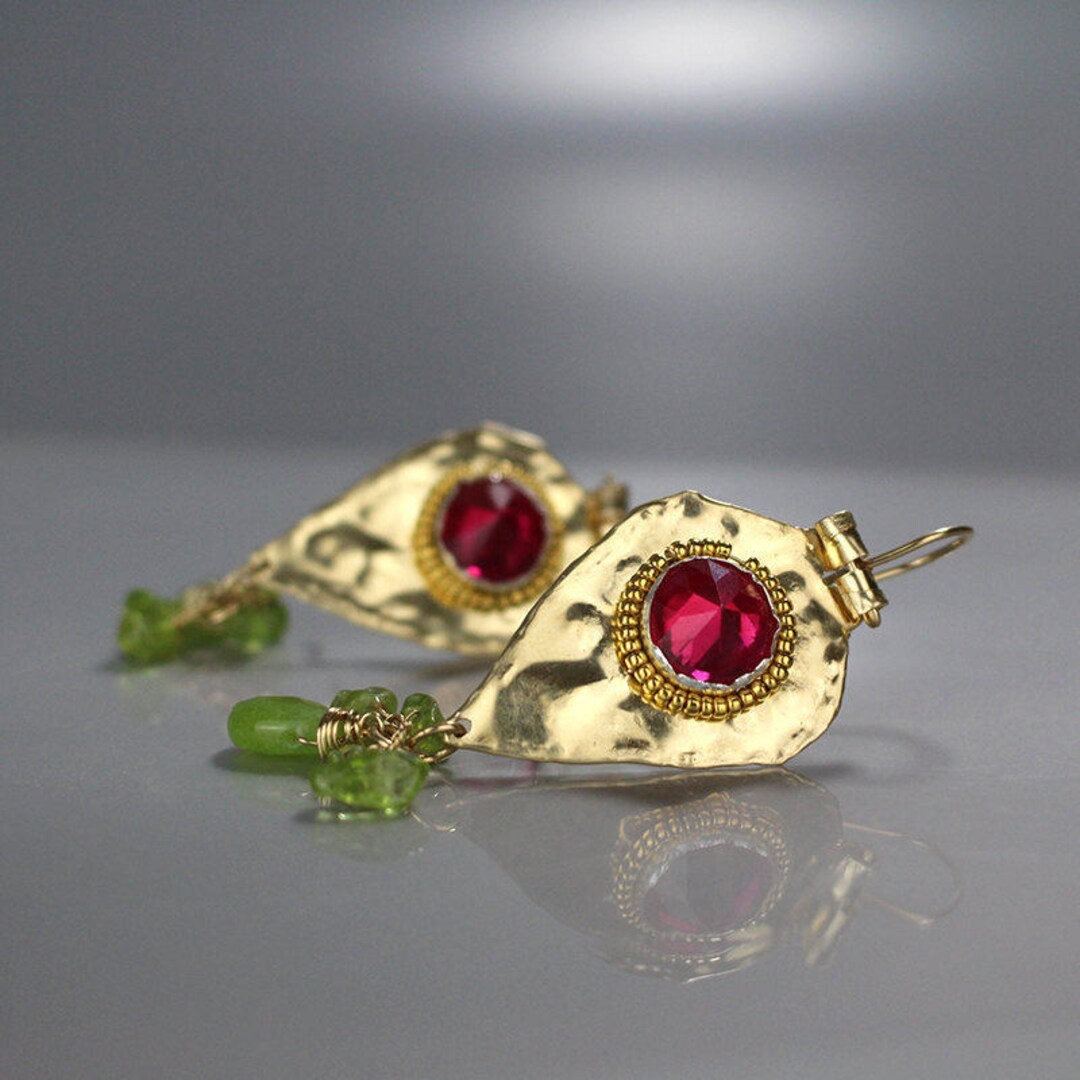 Pink Green Earrings, Gold Filled Protection Earrings, Gemstone Earrings