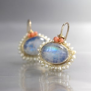 Moonstone Pearl Mandala Earrings, Moonstone Earrings, Gold Filled Earrings, Moonstone Jewelry, Gift for Her, Bridal Earrings, Women&#39;s Gift