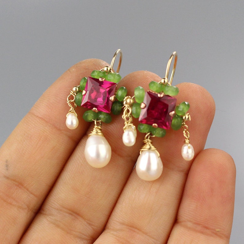 Victorian Inspired Earrings Pink Green Earrings Pearl Etsy