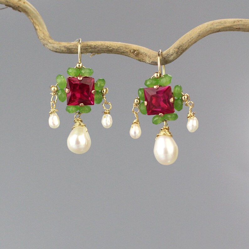 Victorian Inspired Earrings Pink Green Earrings Pearl Etsy